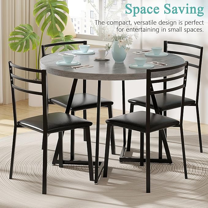 VECELO 35" Round Dining Table for 4, Wood-Grain Tabletop & Heavy-Duty Steel - Image 6