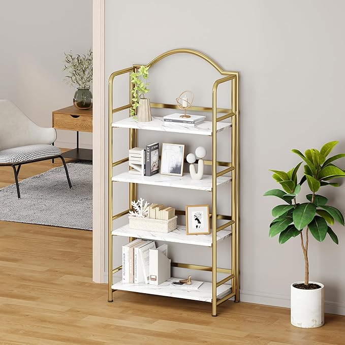 No-Assembly Gold Folding Bookshelf Storage Shelves 4 Tiers Vintage - Image 4