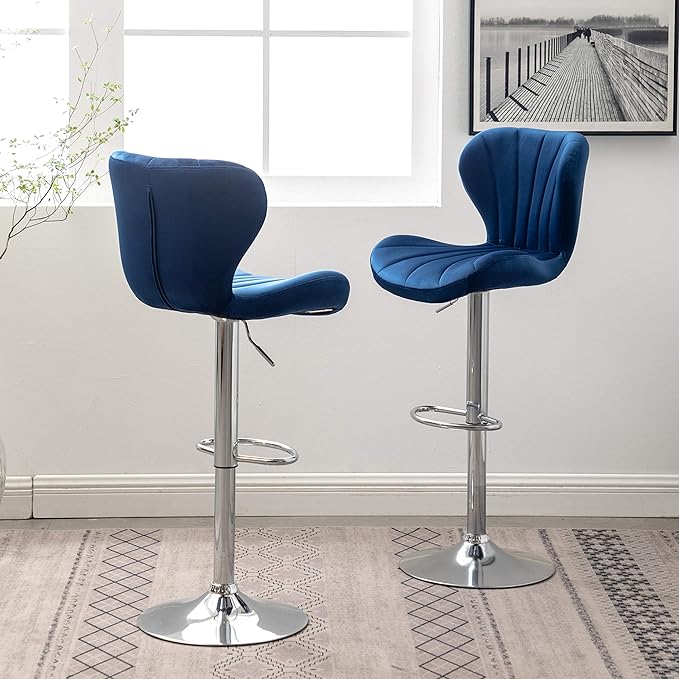 Roundhill Furniture Ellston Velvet Adjustable Swivel Barstools in Blue - Image 7