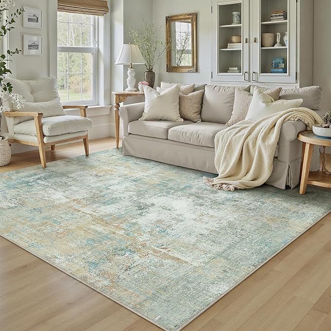5x7 Washable Area Rug Teal Beige Modern Neutral Abstract Living Room Bedroom by WondRg