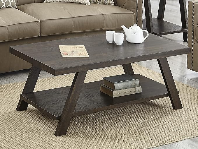 Roundhill Furniture Athens Contemporary Wood Shelf Coffee Table, Weathered - Image 3