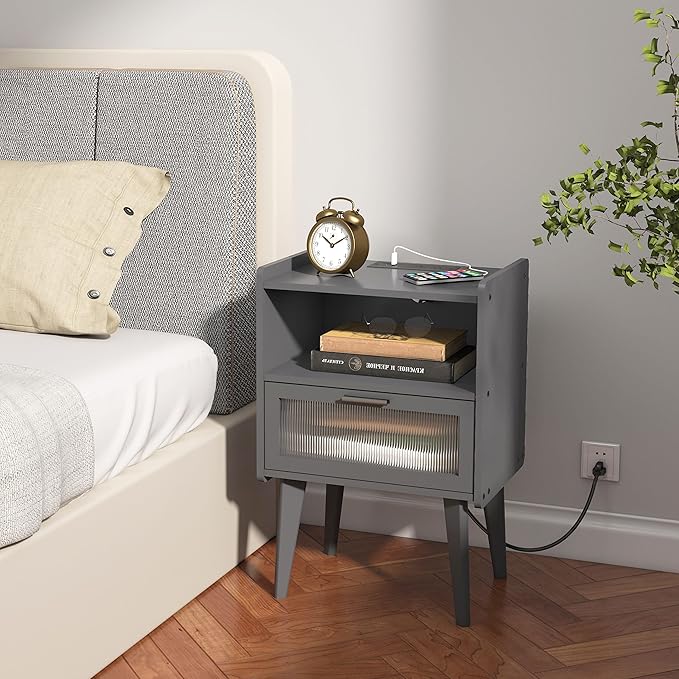 Nightstand with Charging Station, Bedside Tables Grey End Table Side Table with - Image 2