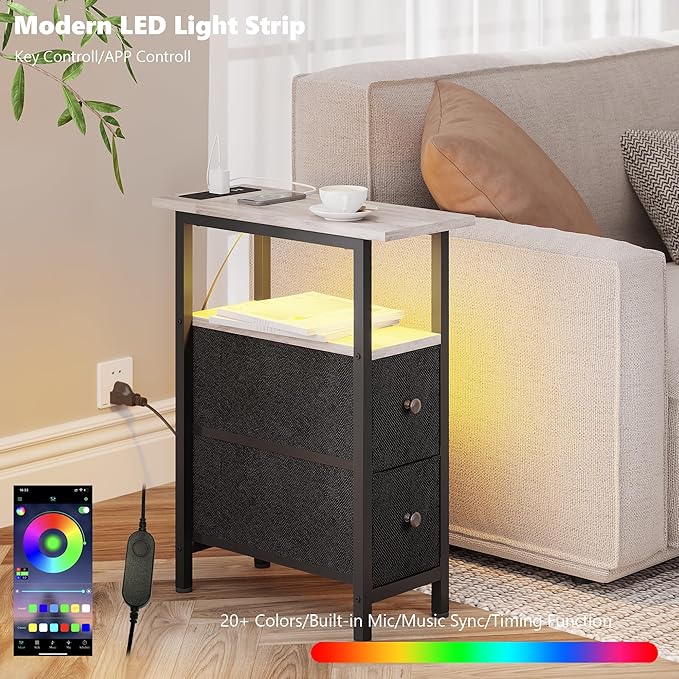 End Table Set 2 with Charging Station, Narrow Side Table with 2 Fabric Drawers - Image 4