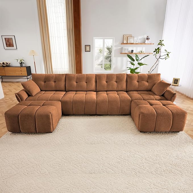 Modern Chenille Fabric 4-Seat Sofa w/Two Ottoman+2 Pillows, Premium Upholstery by FAVSH