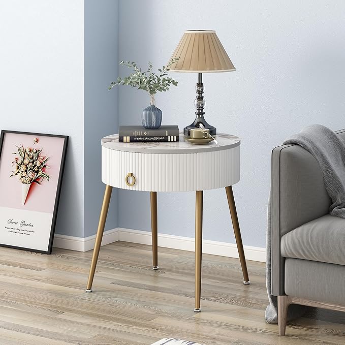 OIOG Round Nightstand with Drawer, Modern Side Table with Marbling Natural - Image 6