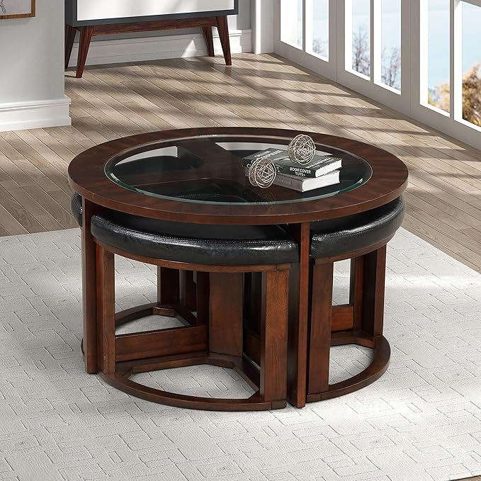 Roundhill Furniture Cylina Solid Wood Glass Top Round Coffee Table - Image 3