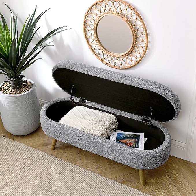Oval Storage Bench 43.5" Linen Fabric Upholstered Entryway Bench - Image 4