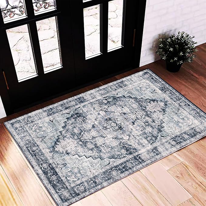 2'x3' Dark Blue Area Rug Washable Door Mat Vintage Distressed Doormat Indoor by CHAMPLANT