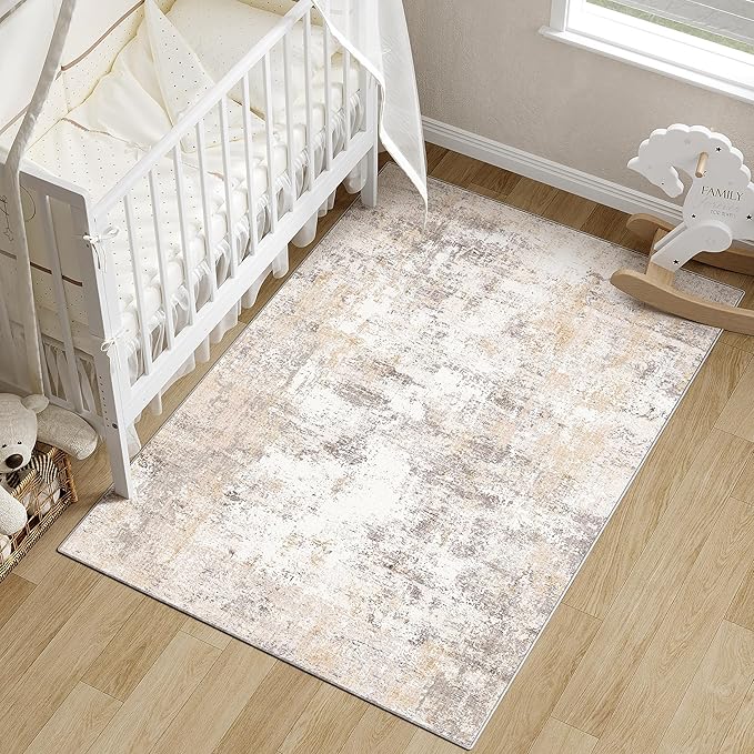 3x5 Washable Area Rug Beige Grey Neutral Abstract Entryway Kitchen Non Slip Low by WondRg
