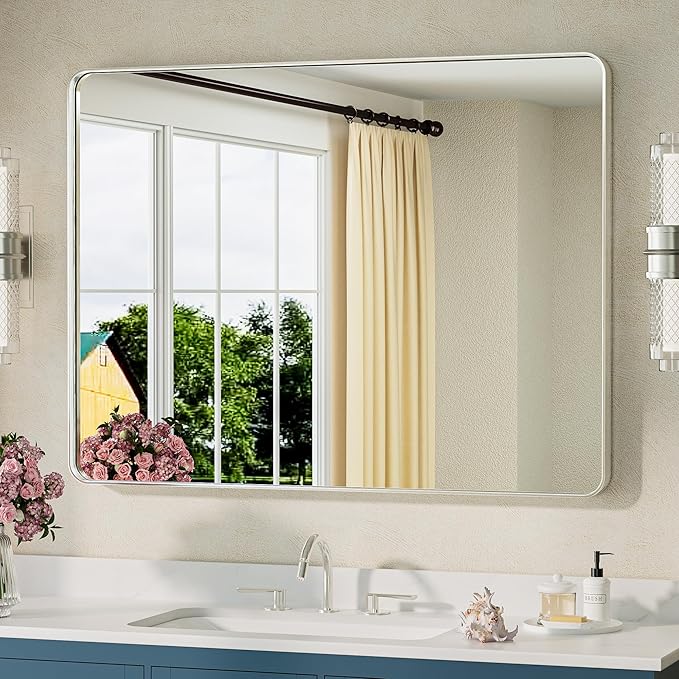 TETOTE Brushed Nickel Bathroom Mirror 40 x 30 Inch Brushed Nickel Metal Framed by TETOTE