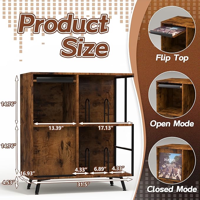 3 Tier Record Player Stand, Flip Top Record Player Cabinet, Mid Century Record - Image 3