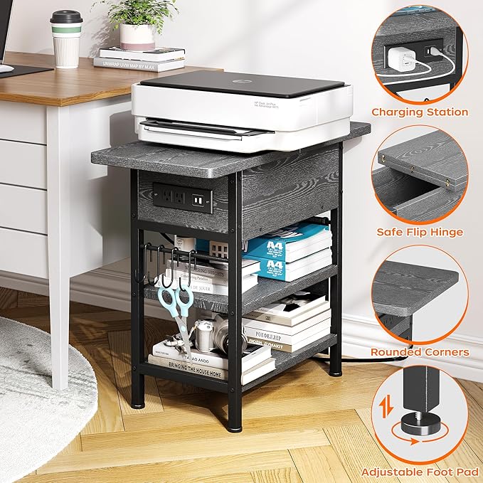 End Table with Charging Station, Flip Top Nightstand with USB Ports and Outlets - Image 6