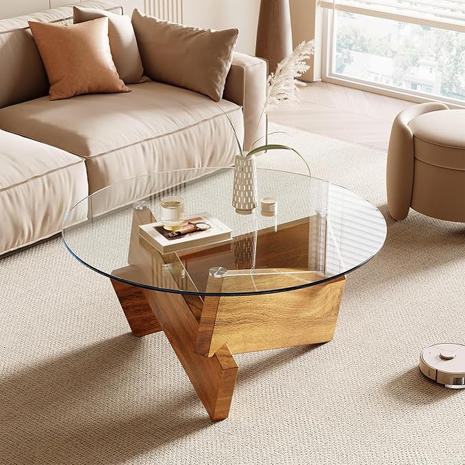 Honyee Morden Rounded Coffee Table, 30.7" x 30.7" x 16.1" Tempered Glass Top by Honyee