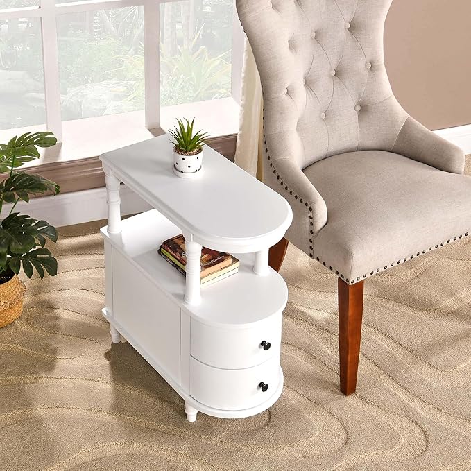 Wood End Table with 2 Drawers and Storage Shelf, Narrow Sofa Side Table - Image 8