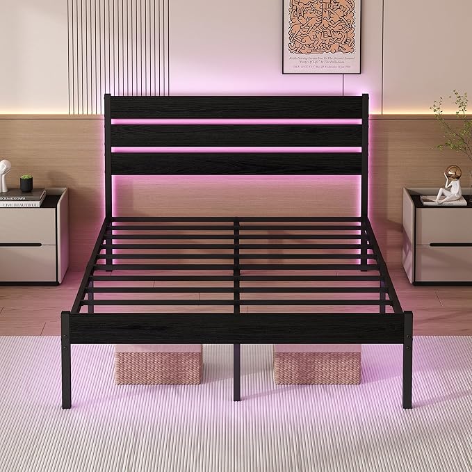 Full Size Bed Frame with Headboard, Heavy Duty LED Bed Frame with USB Charging - Image 8