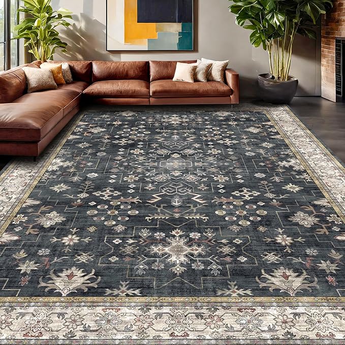 Boho Black Rug for Living Room by HazoHaus