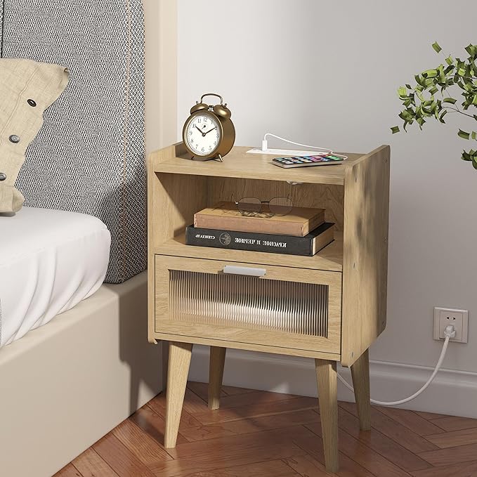 Nightstand with Charging Station, Bedside Tables with Glass Decorative Door - Image 2