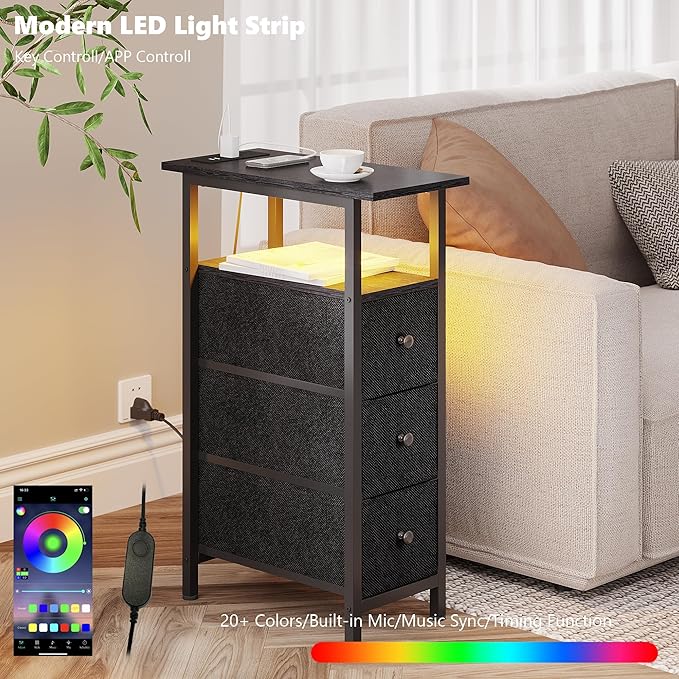End Table with Charging Station, Narrow Side Table with 3 Fabric Drawers - Image 5