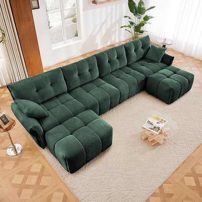 Modern Chenille Fabric 4-Seat Sofa w/Two Ottoman+2 Pillows, Premium Upholstery by FAVSH