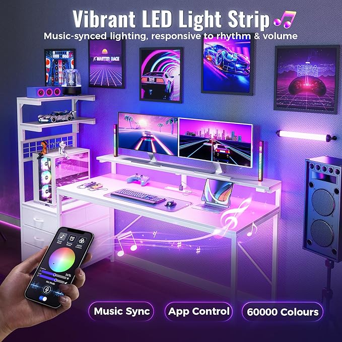 PRAISUN 61.7" Gaming Desk with LED Lights & Outlets, Computer Desk with 3 - Image 6