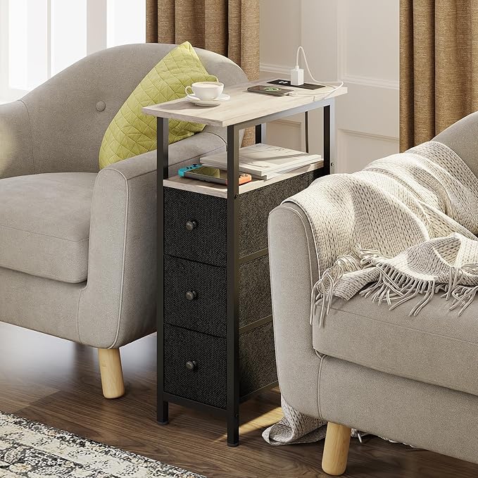 End Table with Charging Station, Narrow Side Table with 3 Fabric Drawers - Image 2