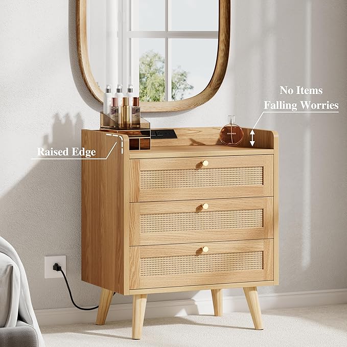 Rattan Nightstand with Charging Station, Night Stand with 3 Large Drawers - Image 4