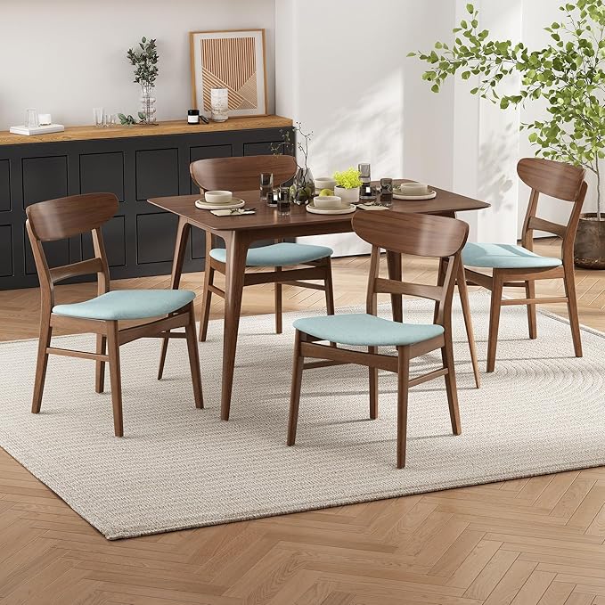 Set of 2 Solid Wood Dining Chairs, Fabric Upholstered Seat Mid-Century Modern - Image 4