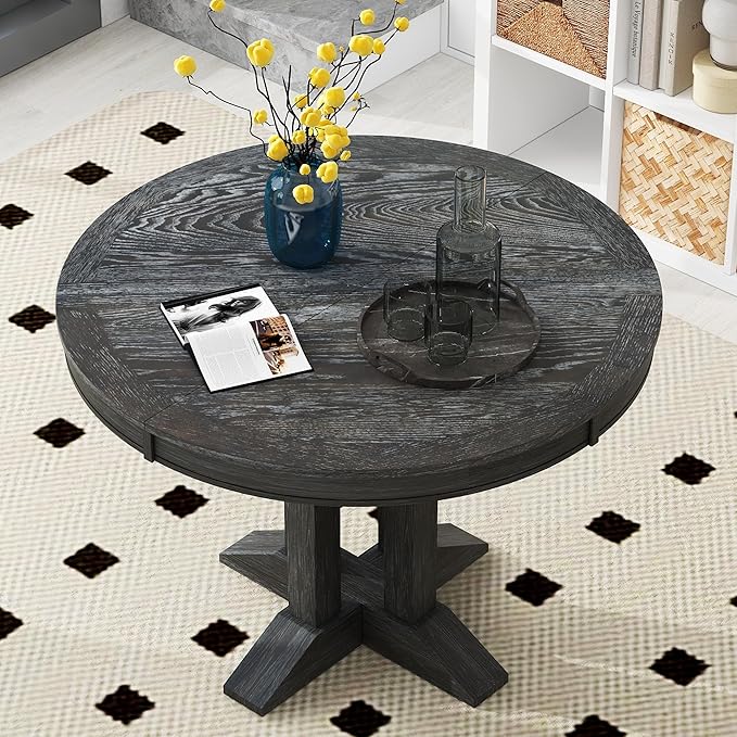 ERYE Mid-Century Modern Functional Extendable Wooden Round Dining Table - Image 3
