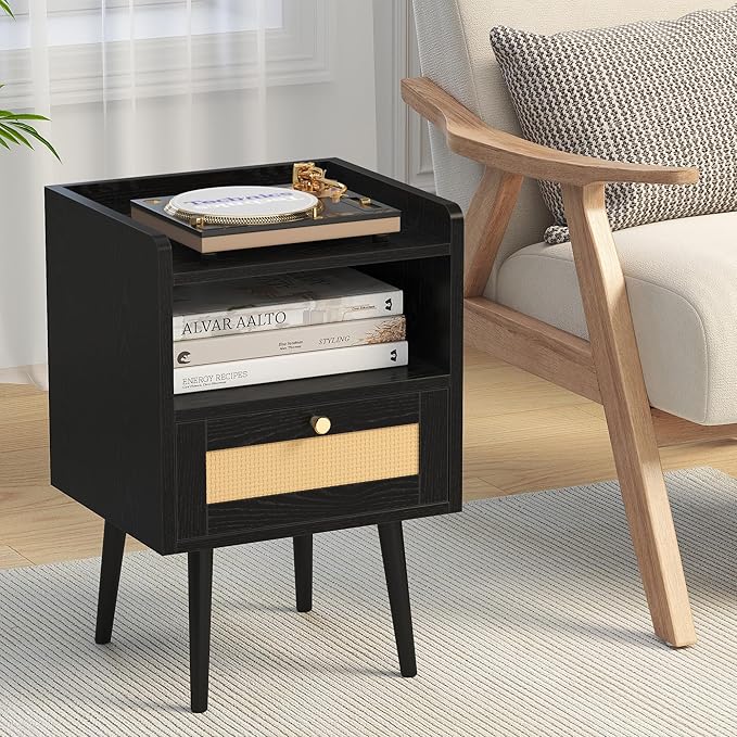 Nightstand Rattan with Charging Station, Mid Century Modern Bed Side Table - Image 7