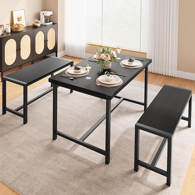 Dining Table Set for 4 with 2 Benches, 3-Piece Kitchen Table Set, Space-Saving - Image 2