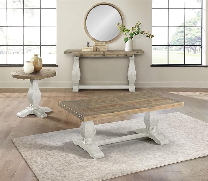 Napa Solid Wood Farmhouse Rustic Reclaimed Natural and White Stain Round End - Image 2