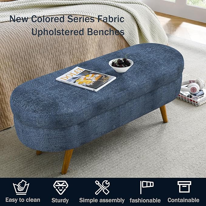 Oval Storage Bench 43.5" Linen Fabric Upholstered Entryway Bench - Image 4