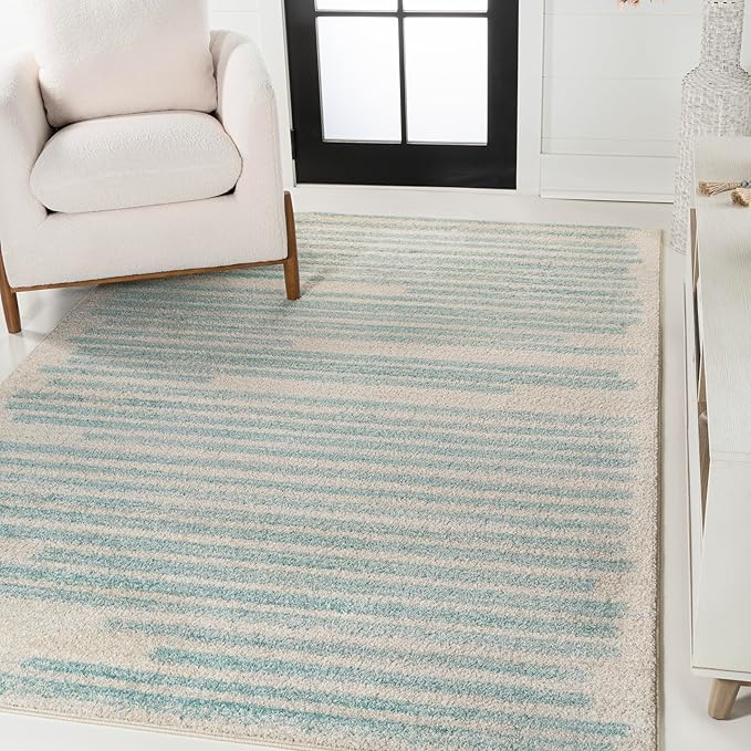 JONATHAN Y Khalil Modern Berber Stripe Cream/Turquoise Indoor Area Rug by JONATHANY