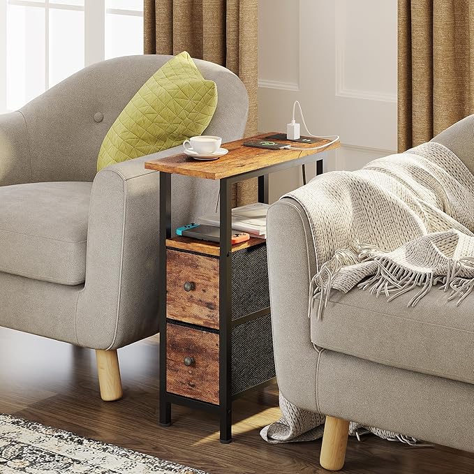 End Table with Charging Station, Narrow Side Table with 2 Fabric Drawers - Image 2
