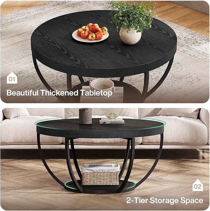 Tribesigns Black Round Coffee Table, 31.7" Modern 2-Tier Circle Coffee Table - Image 6