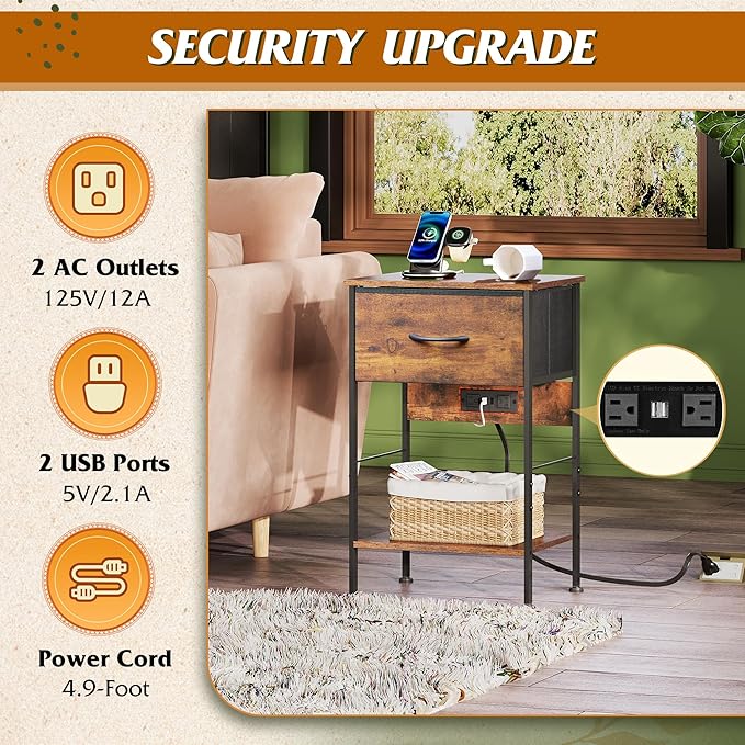WLIVE Night Stand with Charging Station, Small Nightstand with Fabric Drawer - Image 4