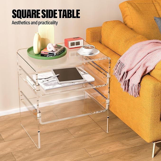 Acrylic 2-Tier Side Table with Storage Mini Modern End Table/Nightstand with - Image 5