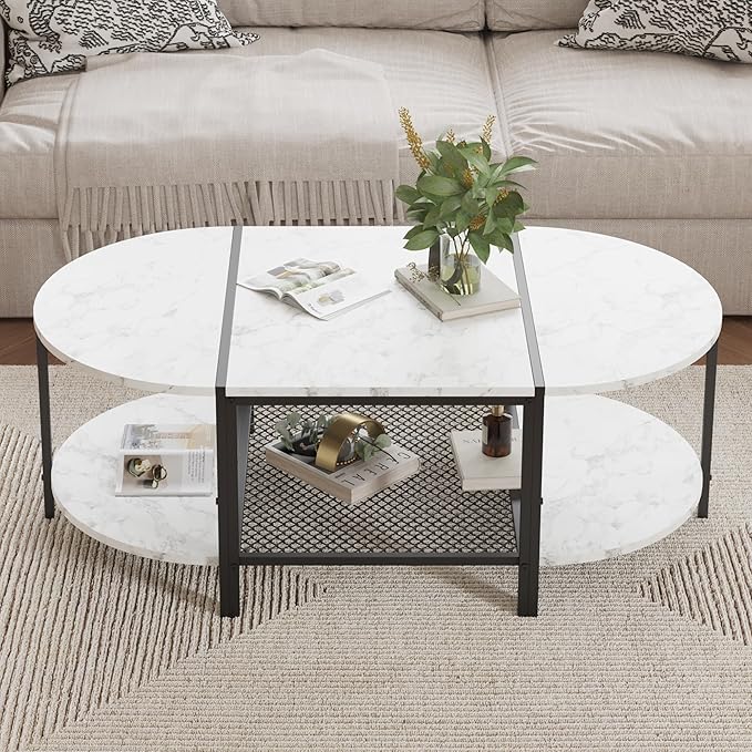 SENIG Oval Coffee Table with Faux Marble Top, 2-Tier Storage Shelf and Metal - Image 2
