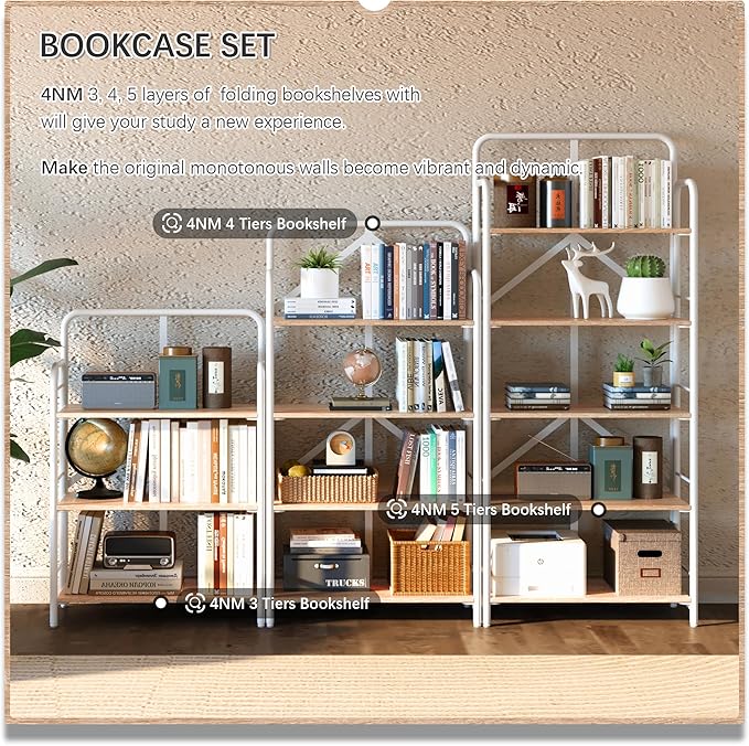 4NM No Assembly Folding Bookshelf 5 Tiers Vintage Industrial White Book Shelf - Image 6