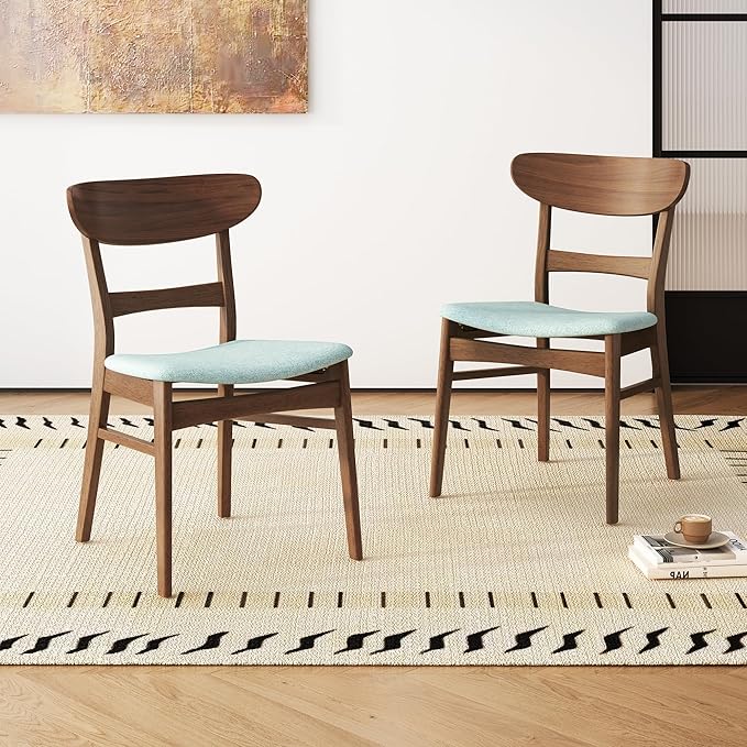 Set of 2 Solid Wood Dining Chairs, Fabric Upholstered Seat Mid-Century Modern by Merax