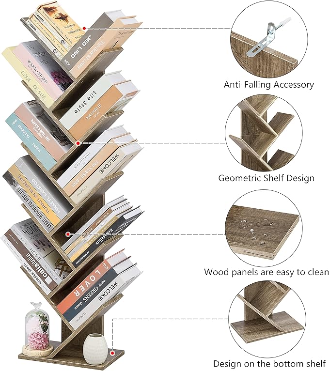 Hoctieon 10 Tier Tree Bookshelf, 10 Shelf Bookcase, Free Standing Tree Bookcase - Image 10