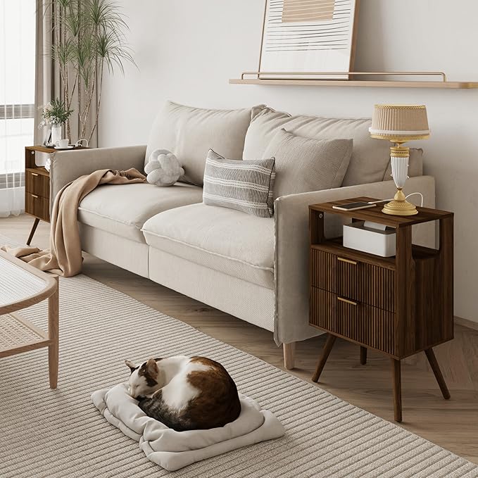 Nightstand with Charging Station and LED Lights, Modern Bedside Table with 2 - Image 3