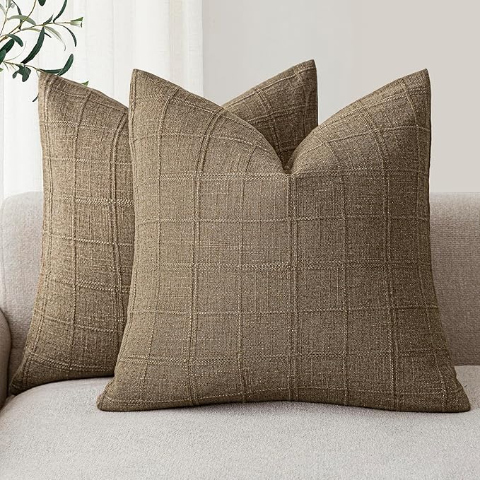 Foindtower Set of 2 Decorative Linen Check Throw Pillow Covers Neutral by Foindtower
