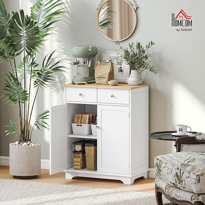 HOMCOM Sideboard with Solid Wood Countertop, Modern Kitchen Storage Cabinet - Image 2