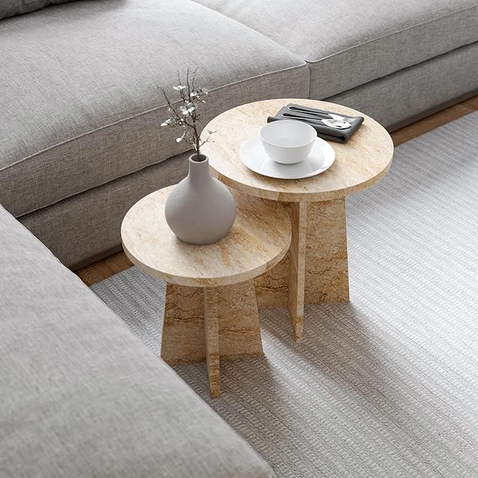 Travertine Efect Round Nesting Coffee Table Set of 2 Modern Coffee Table Small - Image 8