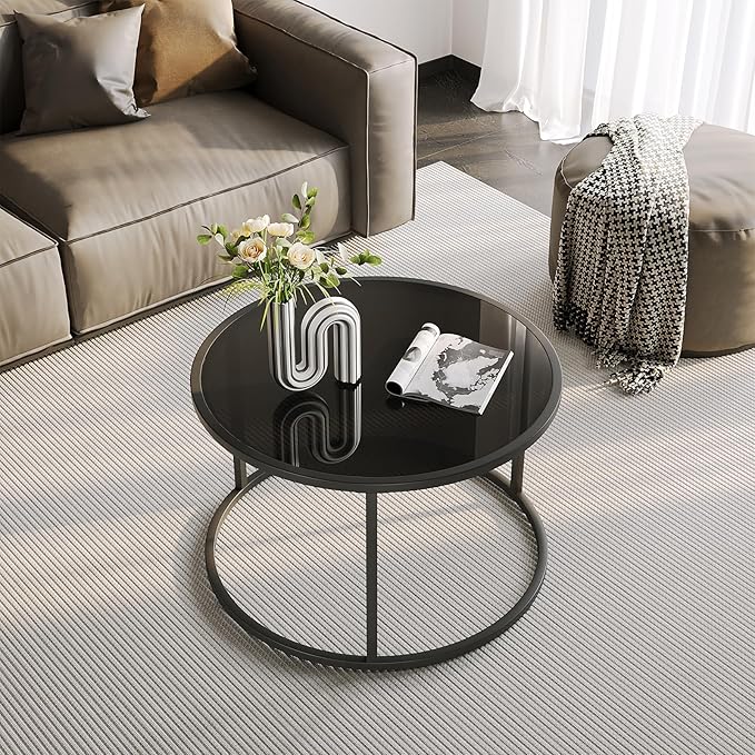 SAYGOER Black Glass Coffee Table Small Round Coffee Tables 27.6In Modern - Image 6