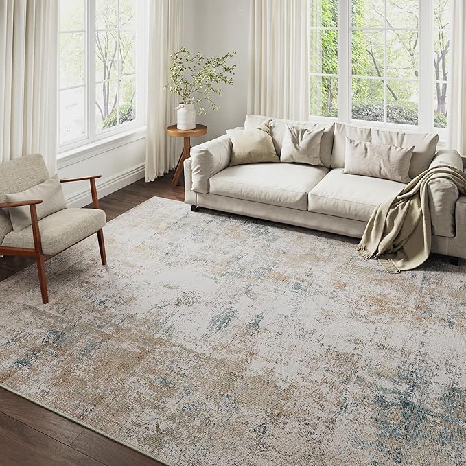 9x12 Washable Area Rug Beige Blue Neutral Abstract Living Room Bedroom Large - Image 4