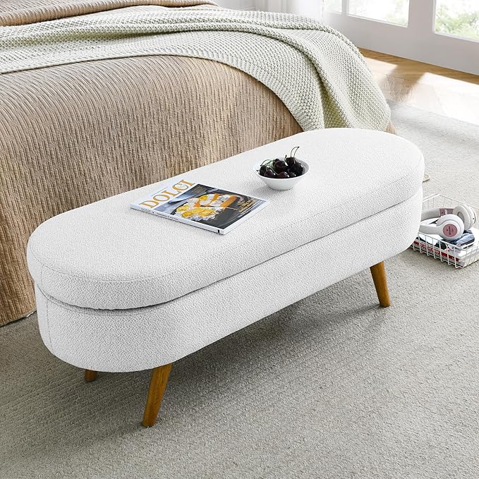 Oval Storage Bench 43.5" Linen Fabric Upholstered Entryway Bench - Image 3