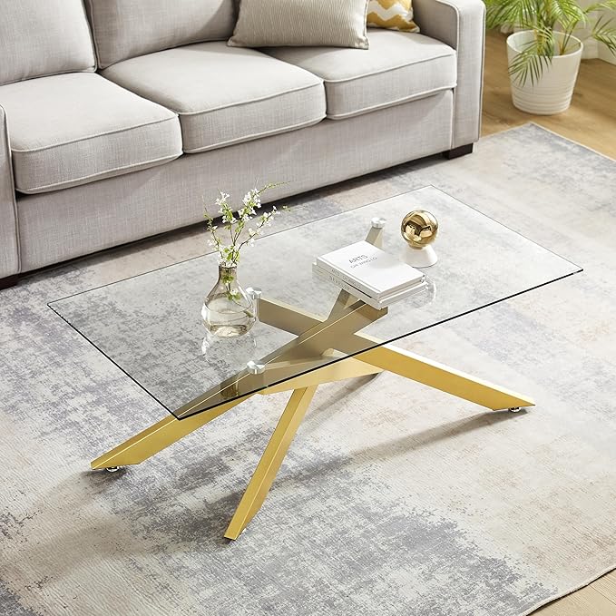 Rectangle Modern Coffee Table, Tempered Glass Top and Metal Tubular Leg - Image 7