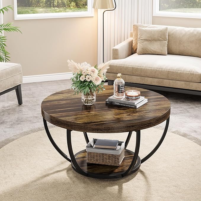 Tribesigns Round Coffee Table, 31.7" Wooden 2-Tier Circle Coffee Table - Image 6